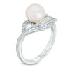 Thumbnail Image 1 of 7.5 - 8.0mm Cultured Freshwater Pearl and Lab-Created White Sapphire Leaf Ring in Sterling Silver