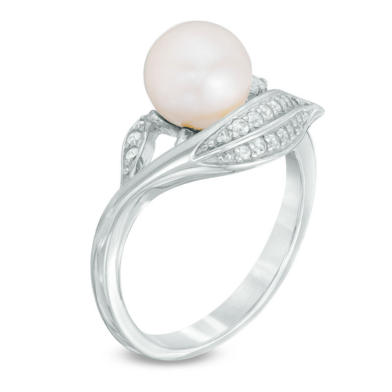 7.5 - 8.0mm Cultured Freshwater Pearl and Lab-Created White Sapphire Leaf Ring in Sterling Silver