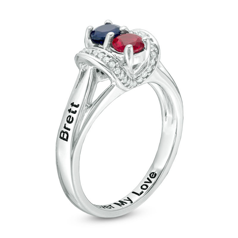 Couple's Simulated Birthstone and 1/10 CT. T.W. Diamond Collar Ring in Sterling Silver (2 Stones and 3 Lines)
