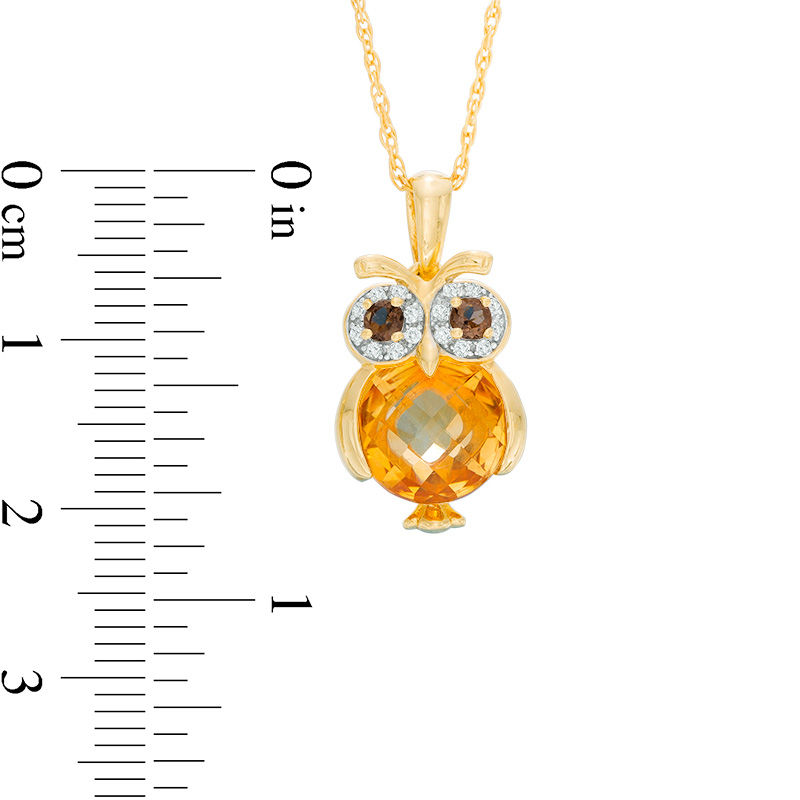 9.0mm Briolette Citrine, Smoky Quartz and Lab-Created White Sapphire Owl Pendant in Sterling Silver with 14K Gold Plate