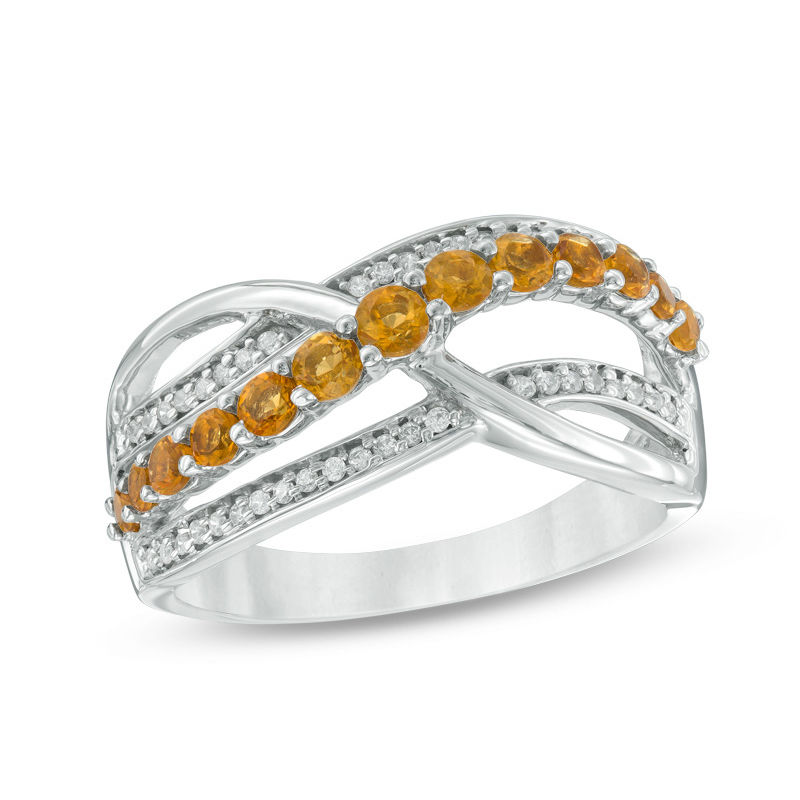 Citrine and 0.11 CT. T.W. Diamond Multi-Row Crossover Ring in Sterling Silver