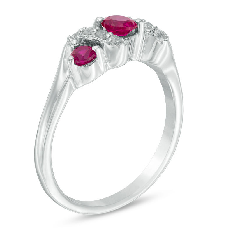 4.0mm Lab-Created Ruby and 0.11 CT. T.W. Diamond Overlay Three Stone Ring in Sterling Silver