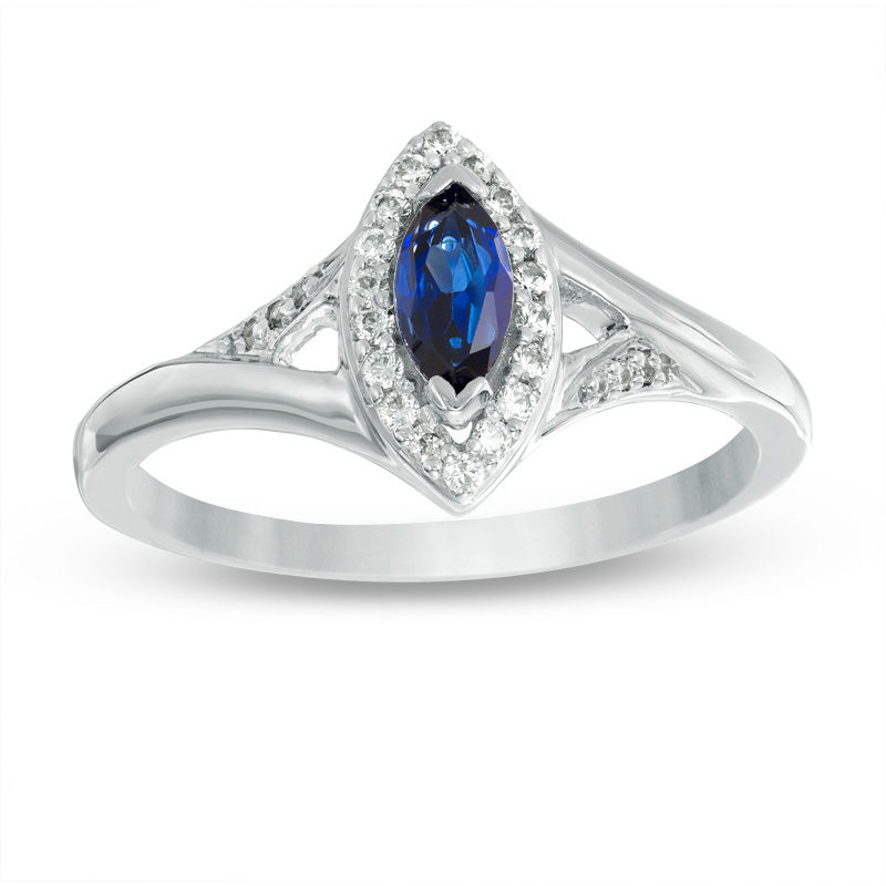 Marquise Lab-Created Blue Sapphire and 0.11 CT. T.W. Diamond Frame Split Shank Ring in Sterling Silver