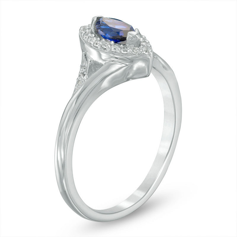 Marquise Lab-Created Blue Sapphire and 0.11 CT. T.W. Diamond Frame Split Shank Ring in Sterling Silver