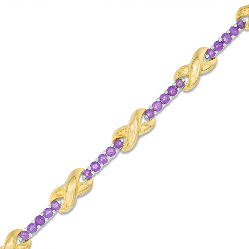 Amethyst Five Stone and Infinity Station Bracelet in Sterling Silver and 10K Gold - 7.5"