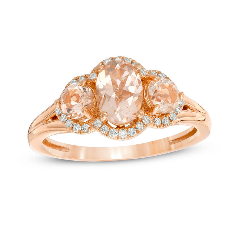 Oval Morganite and 0.12 CT. T.W. Diamond Frame Three Stone Ring in 10K Rose Gold