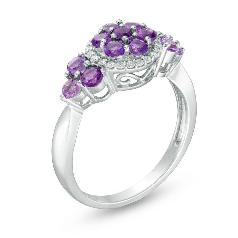 Amethyst Cluster and 0.09 CT. T.W. Diamond Frame Tri-Sides Ring in Sterling Silver