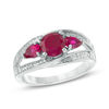 Thumbnail Image 0 of 6.0mm Lab-Created Ruby and Diamond Accent Split Shank Three Stone Ring in Sterling Silver
