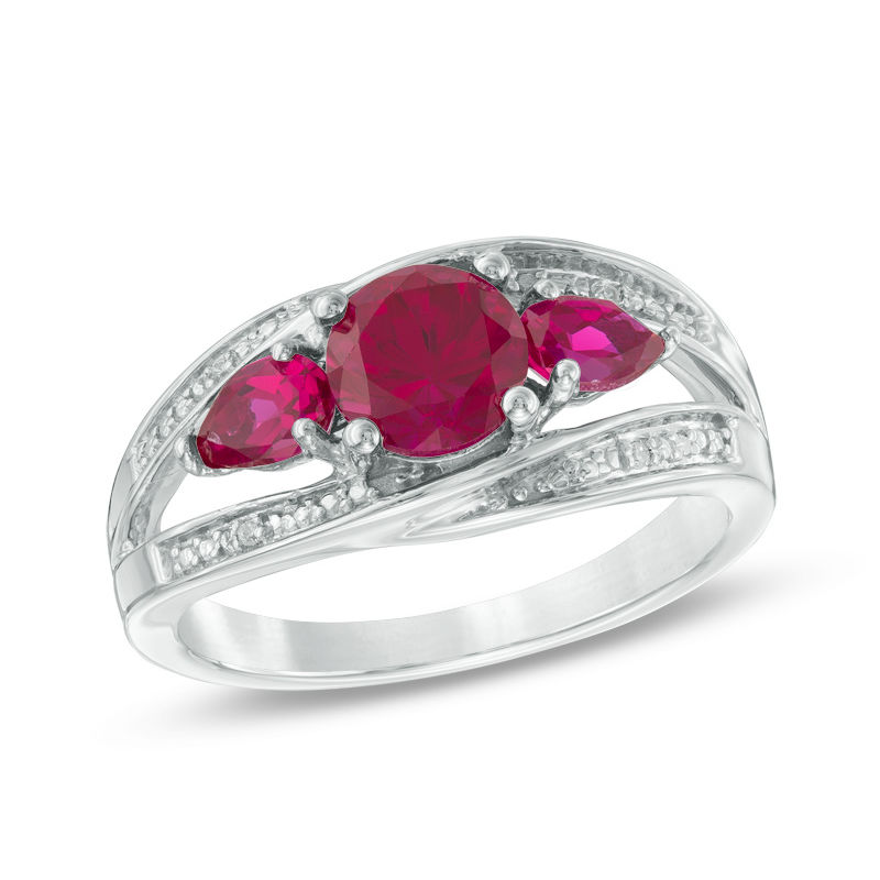 6.0mm Lab-Created Ruby and Diamond Accent Split Shank Three Stone Ring in Sterling Silver