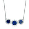 Thumbnail Image 1 of Lab-Created Blue and White Sapphire Frame Three Stone Bolo Necklace in Sterling Silver - 30"