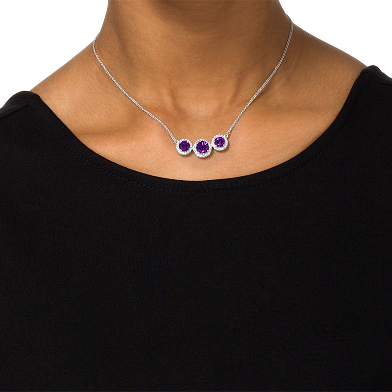 Amethyst and Lab-Created White Sapphire Frame Three Stone Bolo Necklace in Sterling Silver - 30"