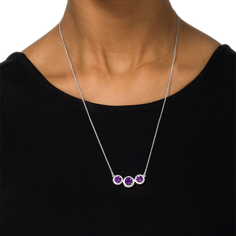 Amethyst and Lab-Created White Sapphire Frame Three Stone Bolo Necklace in Sterling Silver - 30"