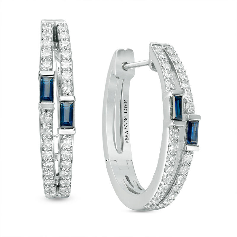 Vera Wang Love Collection Baguette Blue Sapphire and 0.37 CT. T.W. Diamond Double Hoop Earrings in 14K White Gold