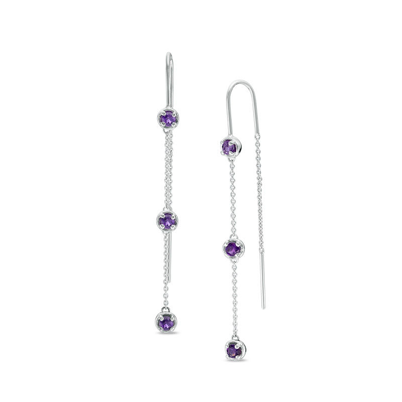 Amethyst Three Stone Station Threader Earrings in Sterling Silver