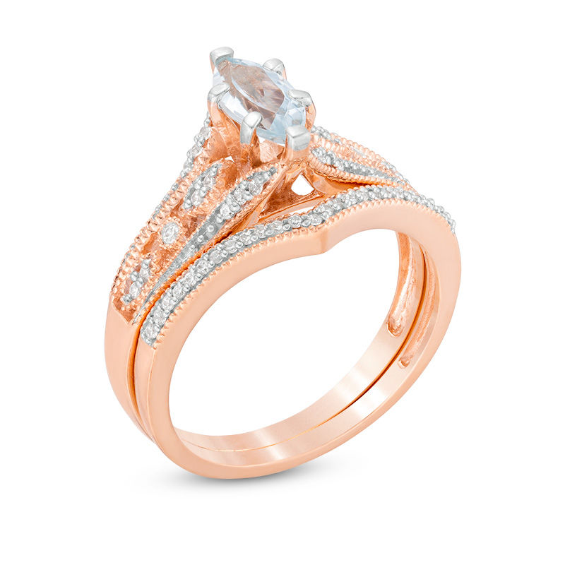 Marquise Aquamarine and 0.18 CT. T.W. Diamond Bridal Set in 10K Rose Gold
