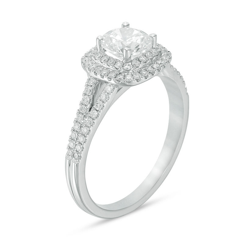 1.00 CT. T.W. Certified Canadian Diamond Double Cushion Frame Engagement Ring in Platinum (H/VS2)