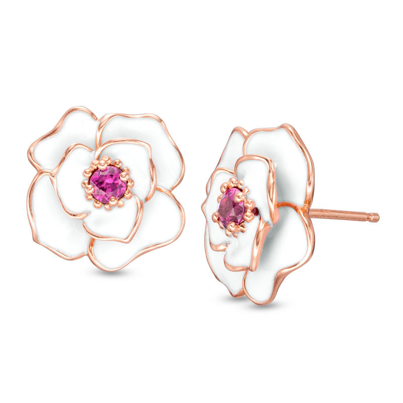 Blöem Rhodolite Garnet with White Enamel Rose Stud Earrings in 10K Rose Gold