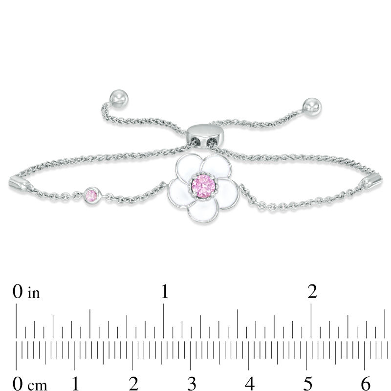 Blöem Lab-Created Pink Sapphire with White Enamel Plumeria Bolo Bracelet in Sterling Silver - 9"