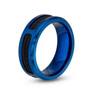Men's 8.0mm Bevelled Edge Double Cable Wedding Band in Stainless Steel with Black and Blue Ion-Plate – Size 10|Peoples Jewellers