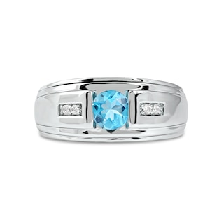 Men's 6.0mm Swiss Blue Topaz and 0.04 CT. T.W. Diamond Stepped Edge Ring in Sterling Silver|Peoples Jewellers