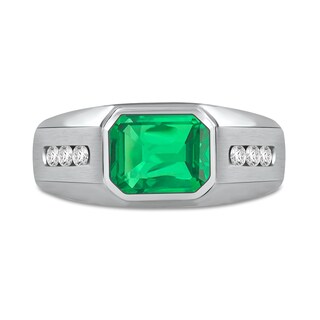 Men's Sideways Octagonal Lab-Created Emerald and White Lab-Created Sapphire Tri-Sides Channel Band in Sterling Silver|Peoples Jewellers