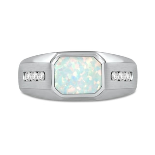 Men's Sideways Octagonal Lab-Created Opal and White Lab-Created Sapphire Tri-Sides Channel Band in Sterling Silver|Peoples Jewellers