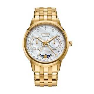 Ladies' Citizen Eco-Drive® Calendrier Diamond Accent Gold-Tone Watch with Mother-of-Pearl Dial (Model: FD0002-57D)|Peoples Jewellers
