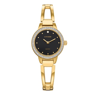Ladies' Citizen Quartz Classic Crystal Accent Gold-Tone Bangle Watch with Black Dial (Model: EZ7012-85E)|Peoples Jewellers