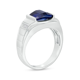 Men's Barrel-Cut Lab-Created Blue Sapphire and Diamond Accent Ring in 10K White Gold|Peoples Jewellers