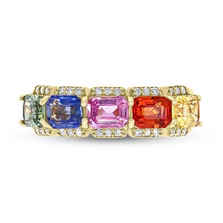 EFFY™ Collection Sideways Emerald-Cut Multi-Colour Sapphire and 0.145 CT. T.W. Diamond Five Stone Ring in 14K Gold|Peoples Jewellers