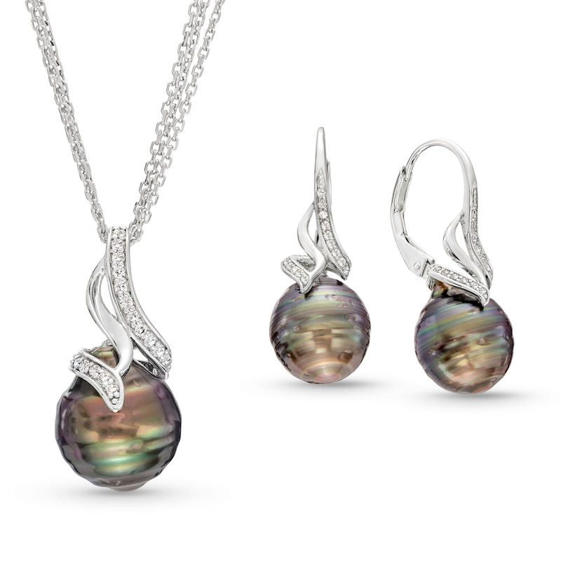 Baroque Black Cultured Tahitian Pearl and White Topaz Flame Pendant and Drop Earrings Set in Sterling Silver - 20"