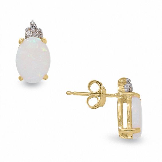 Oval Opal Earrings in 10K Gold with Tri-Top Diamond Accents
