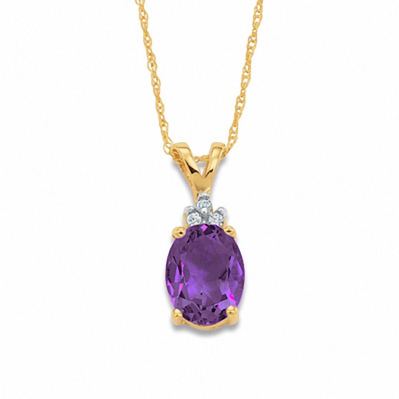 Main Image 1 of Oval Amethyst Pendant in 10K Gold with Tri-Top Diamond Accents