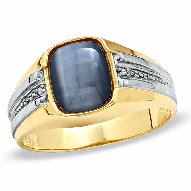 Men's Cushion-Cut Simulated Grey Cat's Eye and Diamond Accent Ring in 10K Gold