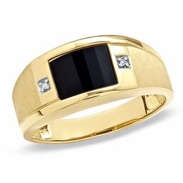 Men's Barrel-Cut Onyx and Diamond Accent Ring in 10K Gold
