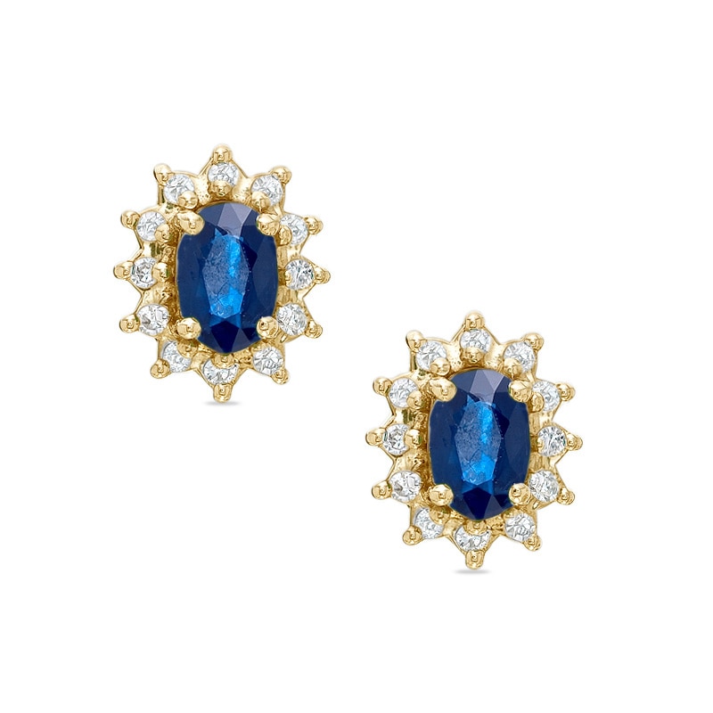 Main Image 1 of Oval Blue Sapphire Fashion Earrings in 10K Gold with Diamond Accents