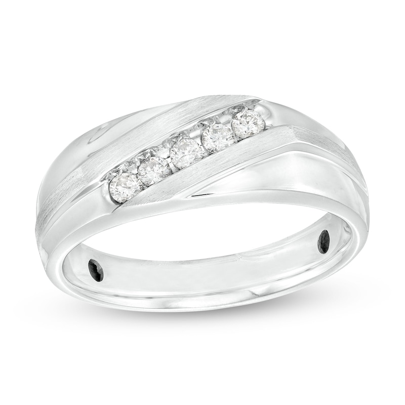 Men's 0.20 CT. T.W. Diamond Five Stone Slant Luxury Fit Wedding Band in 10K White Gold|Peoples Jewellers