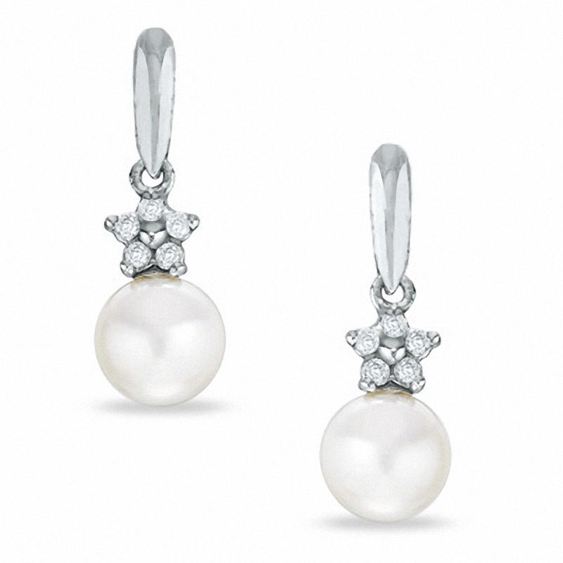 5.5-6.0mm Cultured Freshwater Pearl and Diamond Accent Drop Earrings in 10K White Gold|Peoples Jewellers