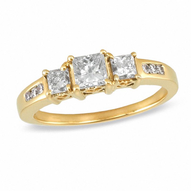 Main Image 1 of 1.00 CT. T.W. Princess-Cut Diamond Three Stone Past Present Future Ring in 14K Gold
