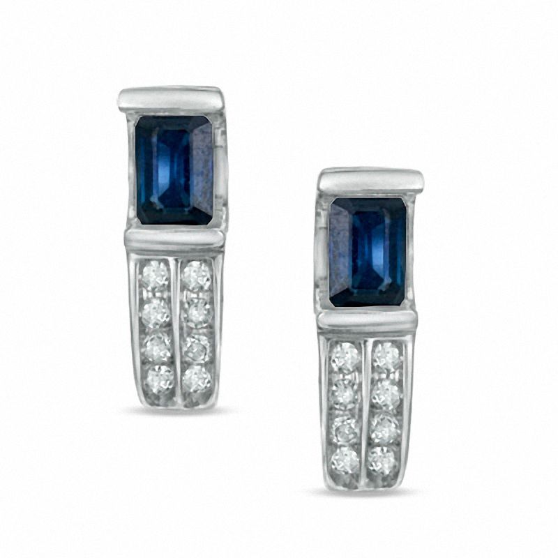 Emerald-Cut Blue Sapphire and Diamond Accent "U" Earrings in 14K White Gold