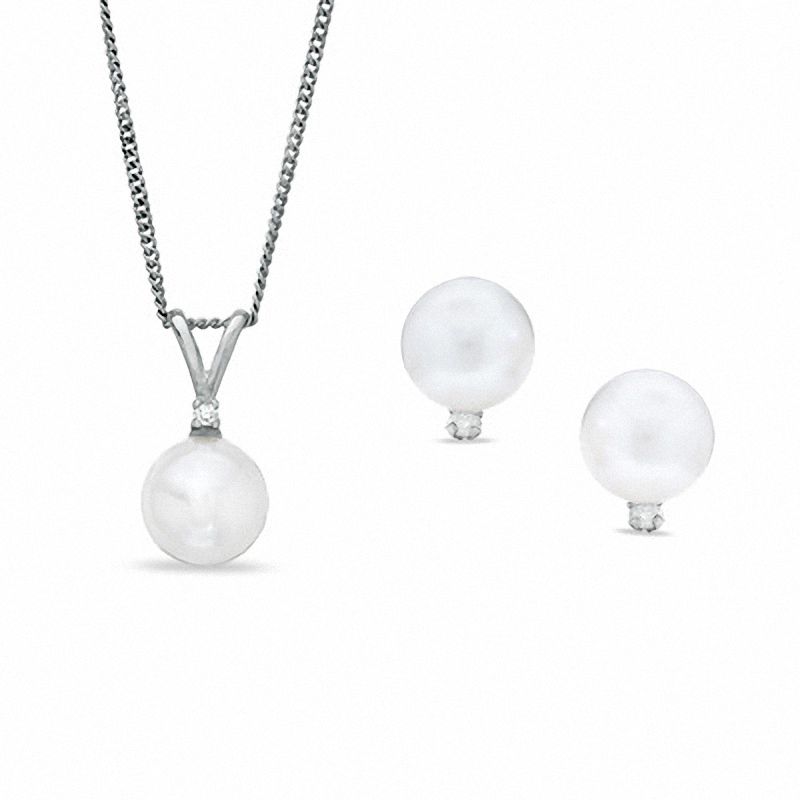 6.5 - 7.0mm Cultured Akoya Pearl and Diamond Accent and Earring Set in 14K White Gold