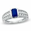 Thumbnail Image 1 of Emerald-Cut Blue Sapphire and 0.15 CT. T.W. Diamond "U" Ring in 14K White Gold