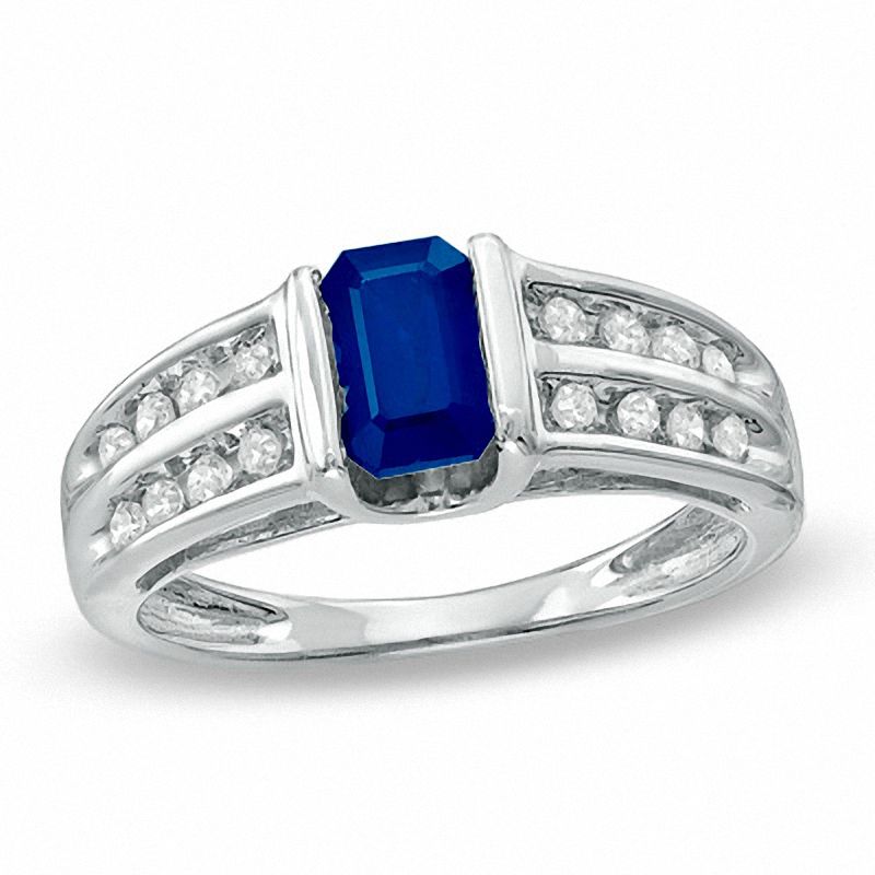 Emerald-Cut Blue Sapphire and 0.15 CT. T.W. Diamond "U" Ring in 14K White Gold|Peoples Jewellers