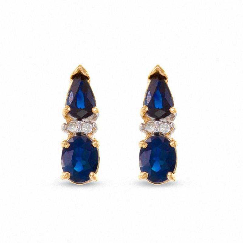 Main Image 1 of Oval and Pear Blue Sapphire Fashion Earrings in 10K Gold with Diamond Accents