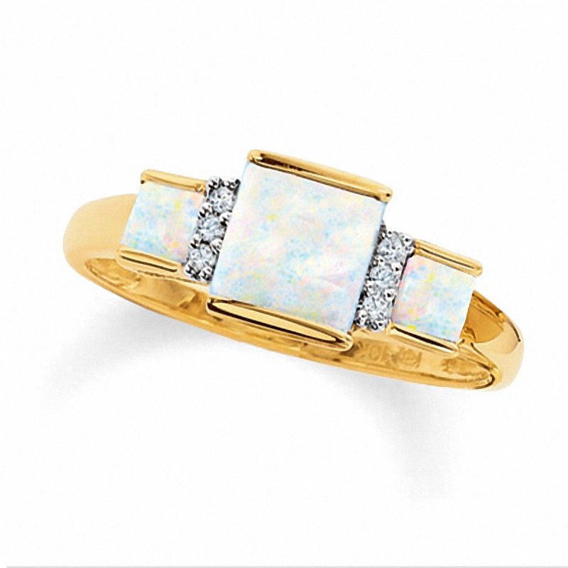 Square Opal Three Stone Ring in 10K Gold with Diamond Accents