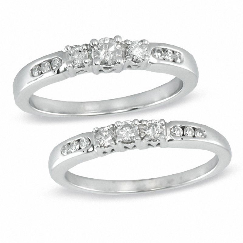 0.50 CT. T.W. Diamond Three Stone Past Present Future Bridal Set in 14K White Gold