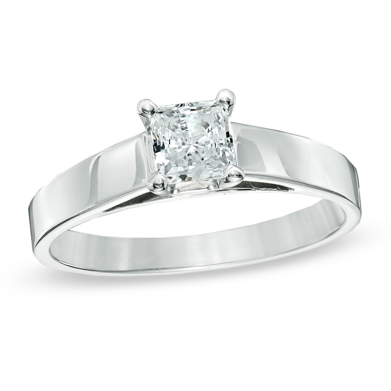 Main Image 1 of 0.70 CT. Princess-Cut Diamond Solitaire Crown Royal Engagement Ring in 14K White Gold (I-J/I2)
