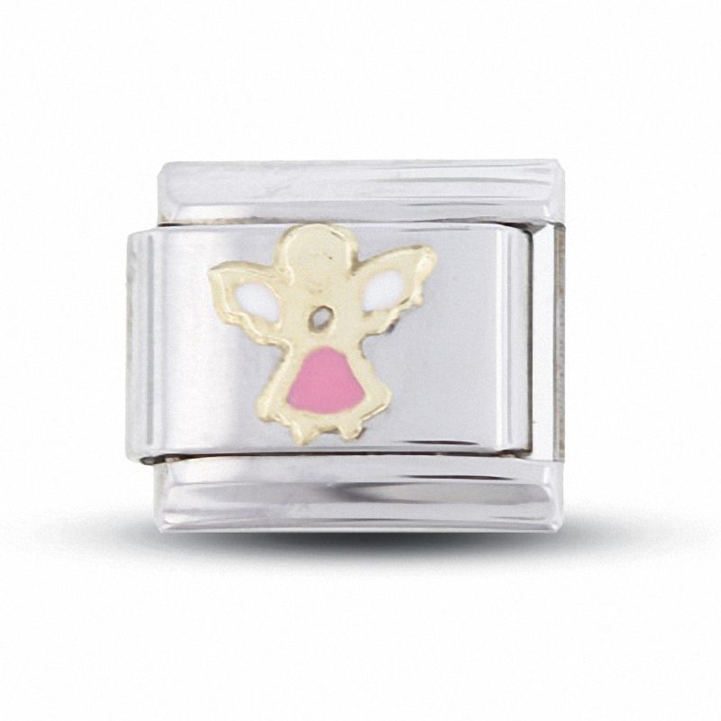 Main Image 1 of Pink Enamel Angel Italian Charm in Stainless Steel and 18K Gold-Tone Accents