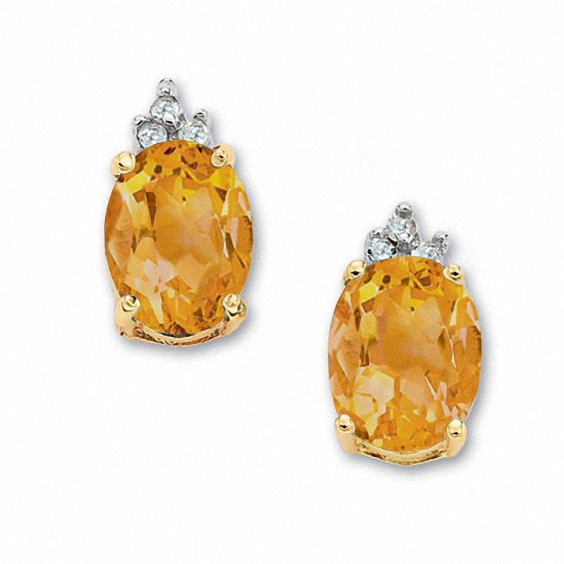 Oval Citrine Earrings in 10K Gold with Tri-Top Diamond Accents