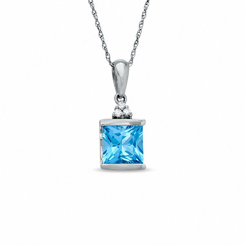 Main Image 1 of Square Blue Topaz and Diamond Pendant in 10K White Gold